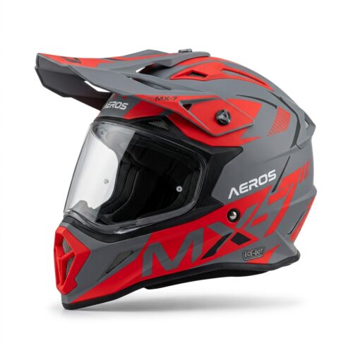 Премиум червено-сива кросова каска FGN на бял фон